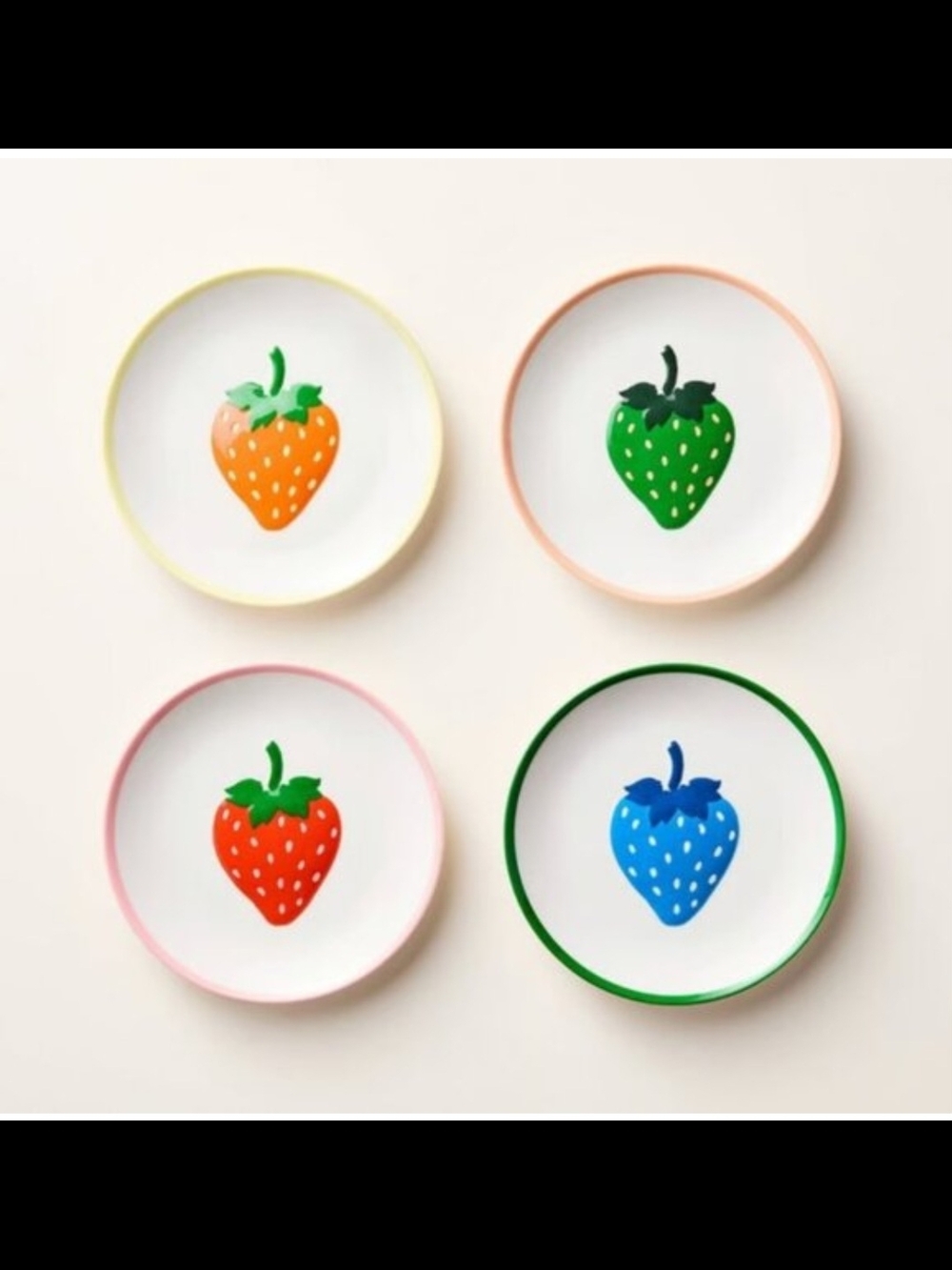Kate Spade Set of 4 Strawberry Accent Plates - Yellow, Peach, Pink, Green Rim